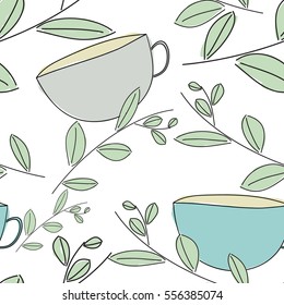 Seamless pattern with white leaves and a mug on a black background