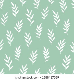 Seamless pattern with white leaves on green background.