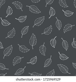 Seamless pattern of white leaves on gray background. Black white sketch. Hand drawn digital paper. Doodle. Blackboard. For logo, wallpaper, fabric, packing, wrapping, logo