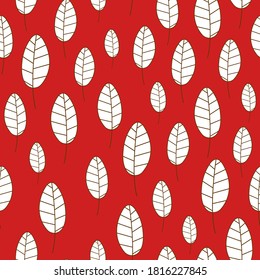 A seamless pattern of white leaves on red background.