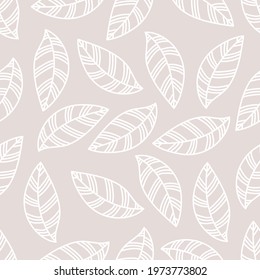 Seamless pattern with white leaves on light beige background. Vector illustration. Fabric print.
