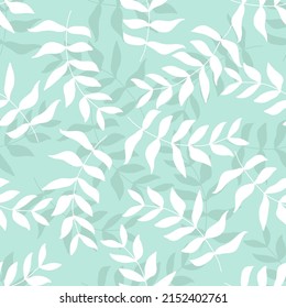 Seamless pattern with white leaves on light green background. Vector illustration. Fabric print.