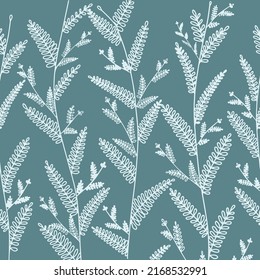 Seamless pattern white leaves on blue background. Vector illustration.