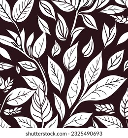 Seamless pattern with white leaves on brown background. Vector illustration.