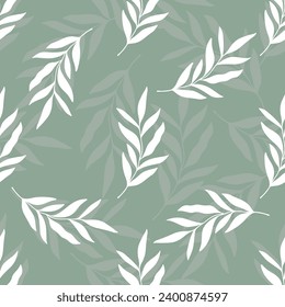 Seamless pattern with white leaves on light green background. Vector illustration. Fabric print