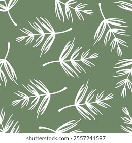 Seamless pattern with white leaves on light green background. Wallpaper print. Vector background