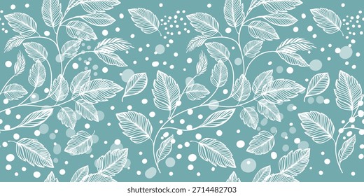 Seamless pattern of white leaves on a blue background with snow. Hand drawn. Not AI, vector illustration