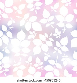 Seamless pattern with white leaves on colorful background. Vector bright  botanical illustration.