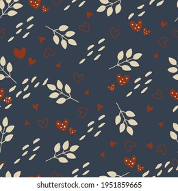 Seamless pattern with white leaves and red hearts. Flat vector print for textile, fabric, giftwrap, wallpapers. Endless illustration.