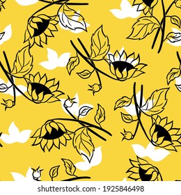 Seamless pattern, white leaves and sunflowers on a yellow background. For textiles and packaging.