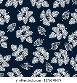 Seamless pattern with white leaves. Vector illustration on blue background.