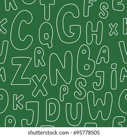 Seamless pattern with white letters on green background. Chalk on blackboard. Vector illustration.