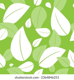 Seamless pattern of white and light stylized leaves on green background. Vector fresh beauty rustic eco friendly texture. Spring. Element for design, advertising, product packaging, labels