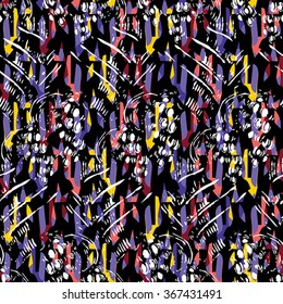 Seamless pattern with white, lilac, pink and yellow elements on black background
