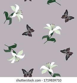 Seamless pattern with white lilies and butterflies on a gray background. For textile decoration, packaging, web design.