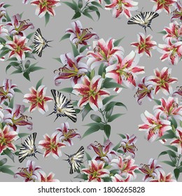 Seamless pattern with white lilies and butterflies on a gray background. Cute abstract pattern.