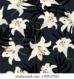 Seamless pattern with white lilies and leaves. Vector graphics.