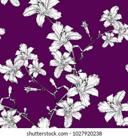 Seamless pattern with white lilies on branches on a dark purple background. Hand-drawn vector composition.