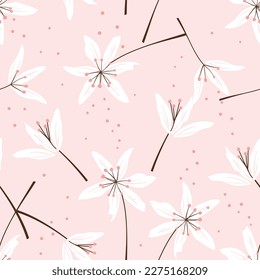 Seamless pattern with white Lilly flower on pink background vector illustration. Cute floral print.