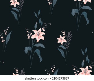 Seamless pattern with white lily flowers, various leaves on a black background. Delicate floral pattern with lily, lily of the valley, leaves. Imitation of watercolor, vector.