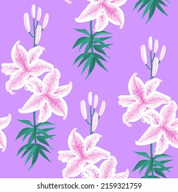 Seamless Pattern with White Lily Flowers on purple background. Hand drawn vector illustration