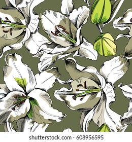 Seamless pattern with a white Lily flowers on a gray-green background. Vector illustration.