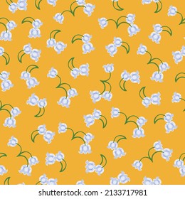 Seamless pattern of white lily of the valley flowers on a yellow background.