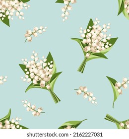 Seamless pattern with white lily of the valley flowers on a blue background. Vector illustration