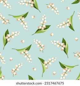 Seamless pattern with white lily of the valley flowers on a blue background. Vector illustration