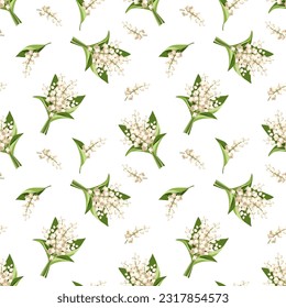 Seamless pattern with white lily of the valley flowers on a white background. Vector illustration