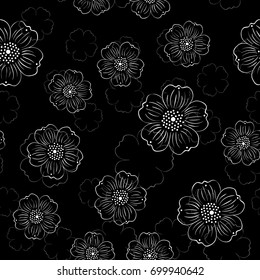 seamless pattern with white line art flowers on a black background