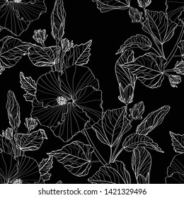 Seamless pattern white line hibiscus flowers and leaves on black background. Illustration line art drawing. 