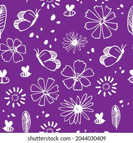 nahtlose, weiße Liniengrafik auf violettem Hintergrund. Biene, Schmetterling, Blumen, Federn.  Drucken für Papier, Textilien, Stoff, Hintergrund und Tapete für Innenbereiche.