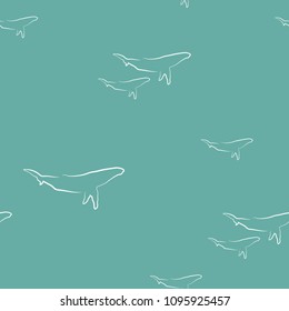 Seamless pattern with white line whales on powder blue background. Marine simple texture. Vector illustration. Ocean ornament.