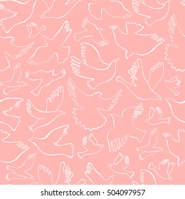 Seamless pattern with white lineal birds on pink background. Vector hand drawn birds. 