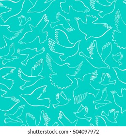 Seamless pattern with white lineal birds on turquoise background. Vector hand drawn birds. 
