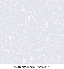 Seamless pattern with white lineal birds on grey background. Vector hand drawn birds. 