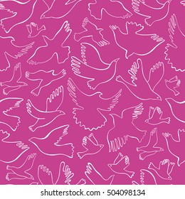 
Seamless pattern with white lineal birds on pink background. Vector hand drawn birds. 
