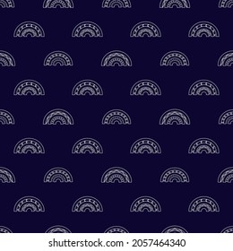 Seamless pattern with white linear rainbows on a blue background. Cute vector illustration in ethnic style for kids and women. Doodle style image. The print is suitable for fabric, clothing.