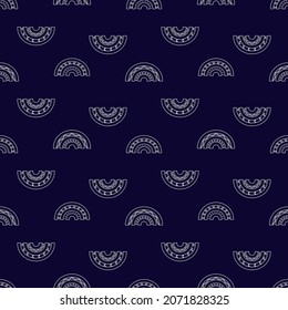 Seamless pattern with white linear rainbows on a blue background. Cute vector illustration in ethnic style for kids, girls and women. Doodle style image. The print is suitable for fabric, clothing.