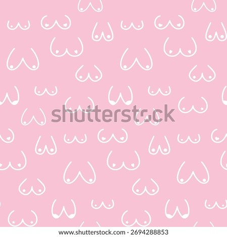 Seamless pattern of white line-art breasts and nipples on a light pink background