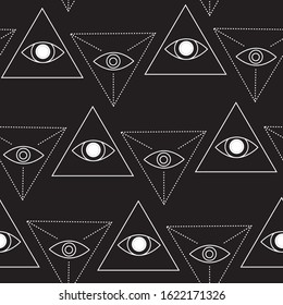 A seamless pattern with white lines on a black background and an evil eye and a triangle. A vector stock illustration for printing on fabric or wallpaper for the web on the theme of occultism.