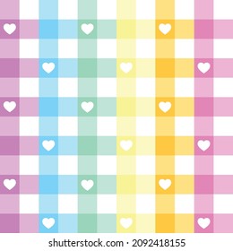 Seamless Pattern. White little heart in colorful chessboard. Sweet love and Valentine day concept. Illustration EPS10.