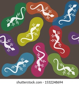 Seamless pattern. White lizards and colorful contour on brown backround. Vector graphic illustration.