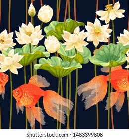 Seamless pattern with white lotus and fish