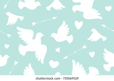 Seamless pattern with white love doves, hearts, arrows. Symbol and sign of Love on color background. Graphic design wrapping paper, wallpaper, background for Valentine Day. Vector Illustration