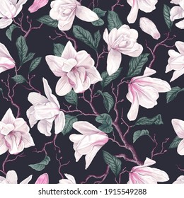 Seamless pattern with white magnolia on dark background. Vector detailed realistic flowers, branches, leaves, petals in stylish ornament for your design, card, textile, phone cases, desktop wallpapers