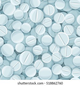 Seamless pattern with white medical tablets. Medicine vector illustration with pharmaceutical round pills for illness and pain treatment. Design for background or wallpaper.