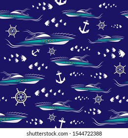 Seamless pattern. White an menthol yacht, wheel, anchor and fish on blue background. Vector illustration.