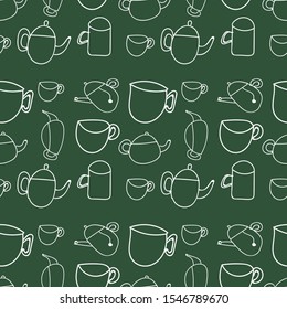 seamless pattern white mugs for tea on a green background